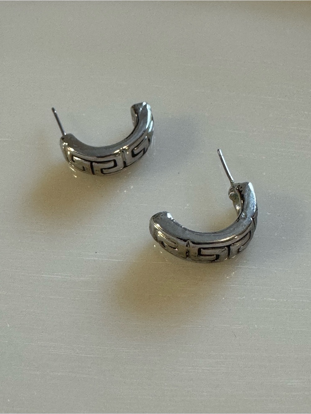Greek Key Silver Tone Half Hoop Earrings